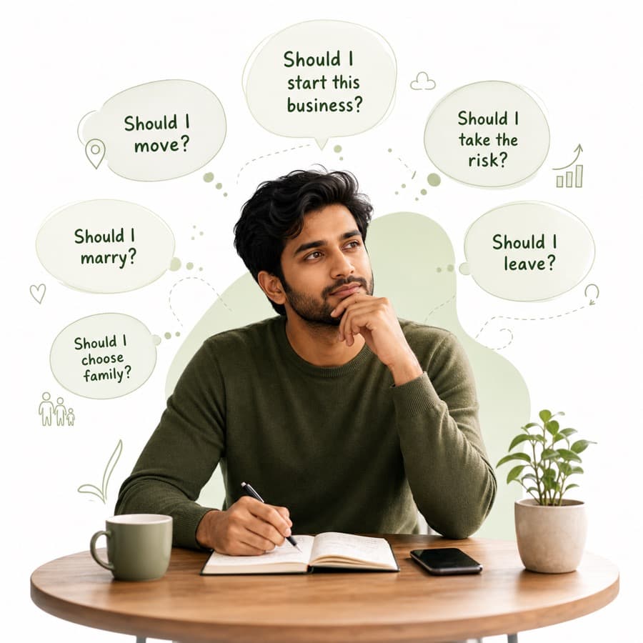 A person surrounded by questions while facing a major life decision